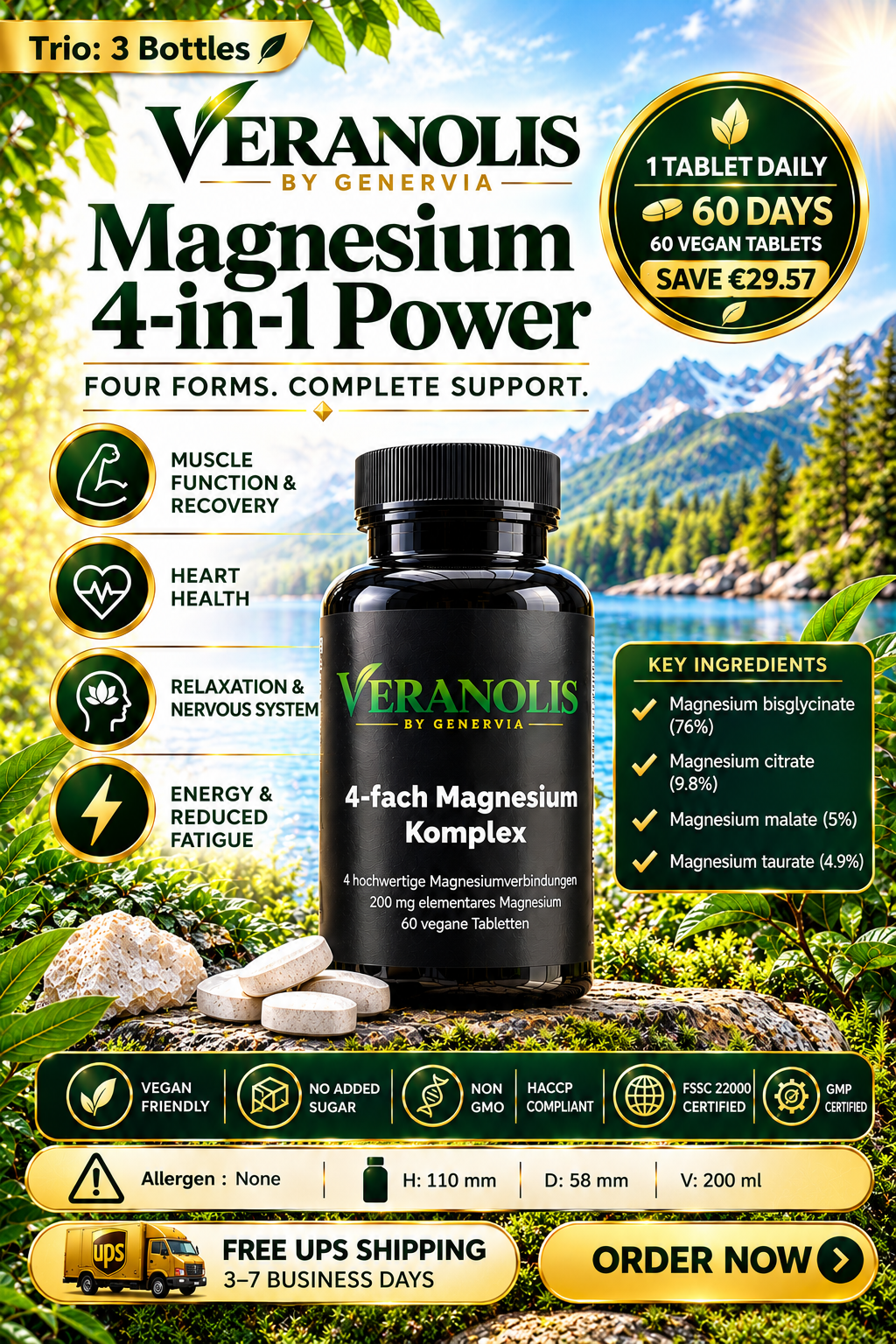 VERANOLIS Magnesium – 4-in-1 Power | 60 Vegan Tablets