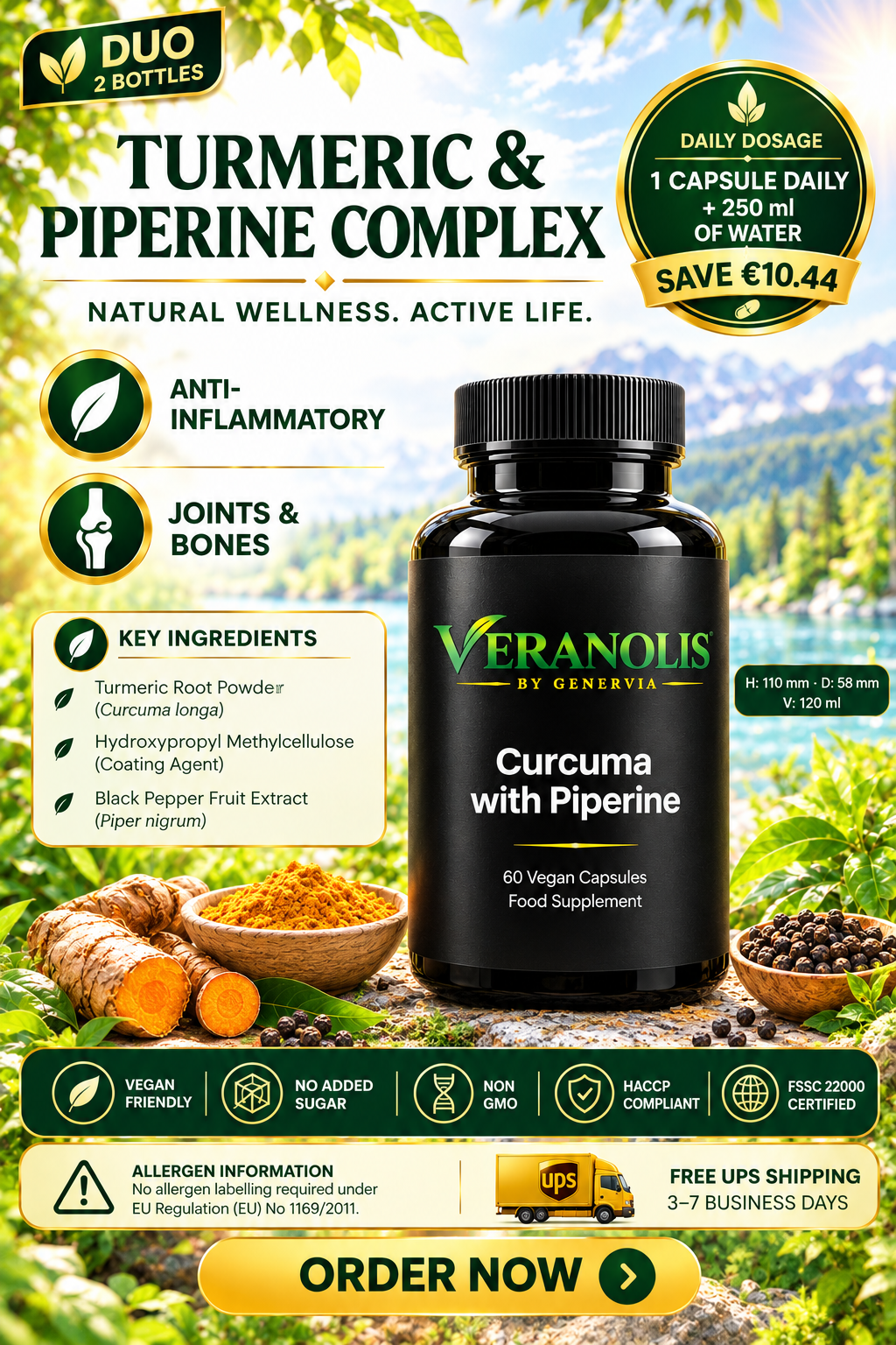 VERANOLIS Turmeric + Piperine – Daily Botanical Balance | 60 Vegan Capsules