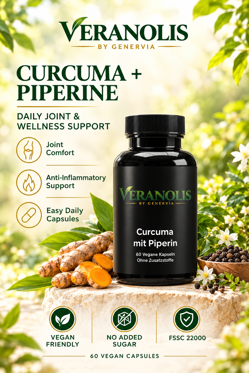 VERANOLIS Turmeric + Piperine – Daily Botanical Balance | 60 Vegan Capsules