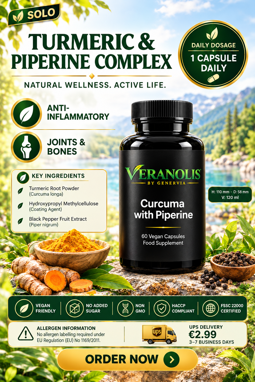VERANOLIS Turmeric + Piperine – Daily Botanical Balance | 60 Vegan Capsules