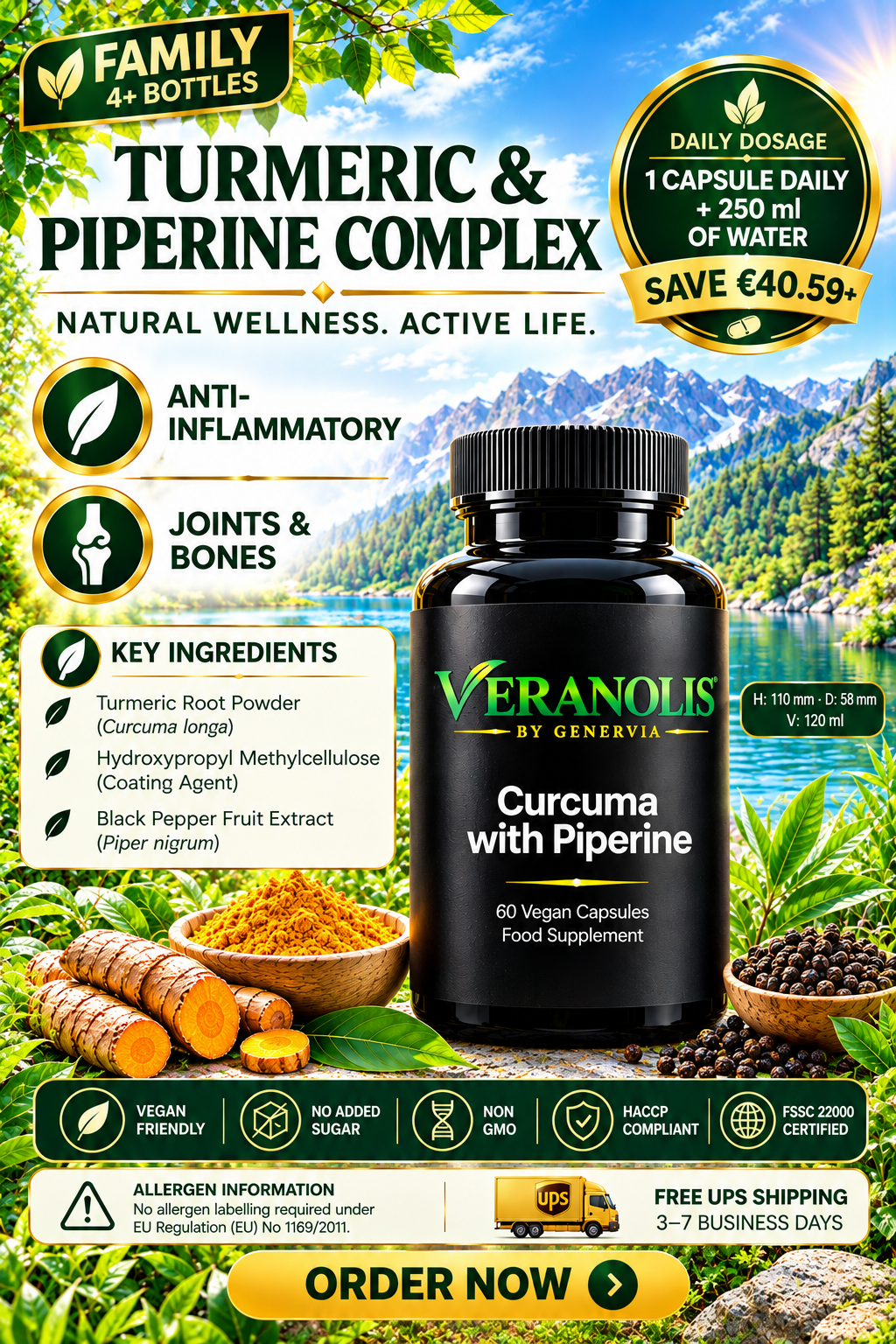 VERANOLIS Turmeric + Piperine – Daily Botanical Balance | 60 Vegan Capsules