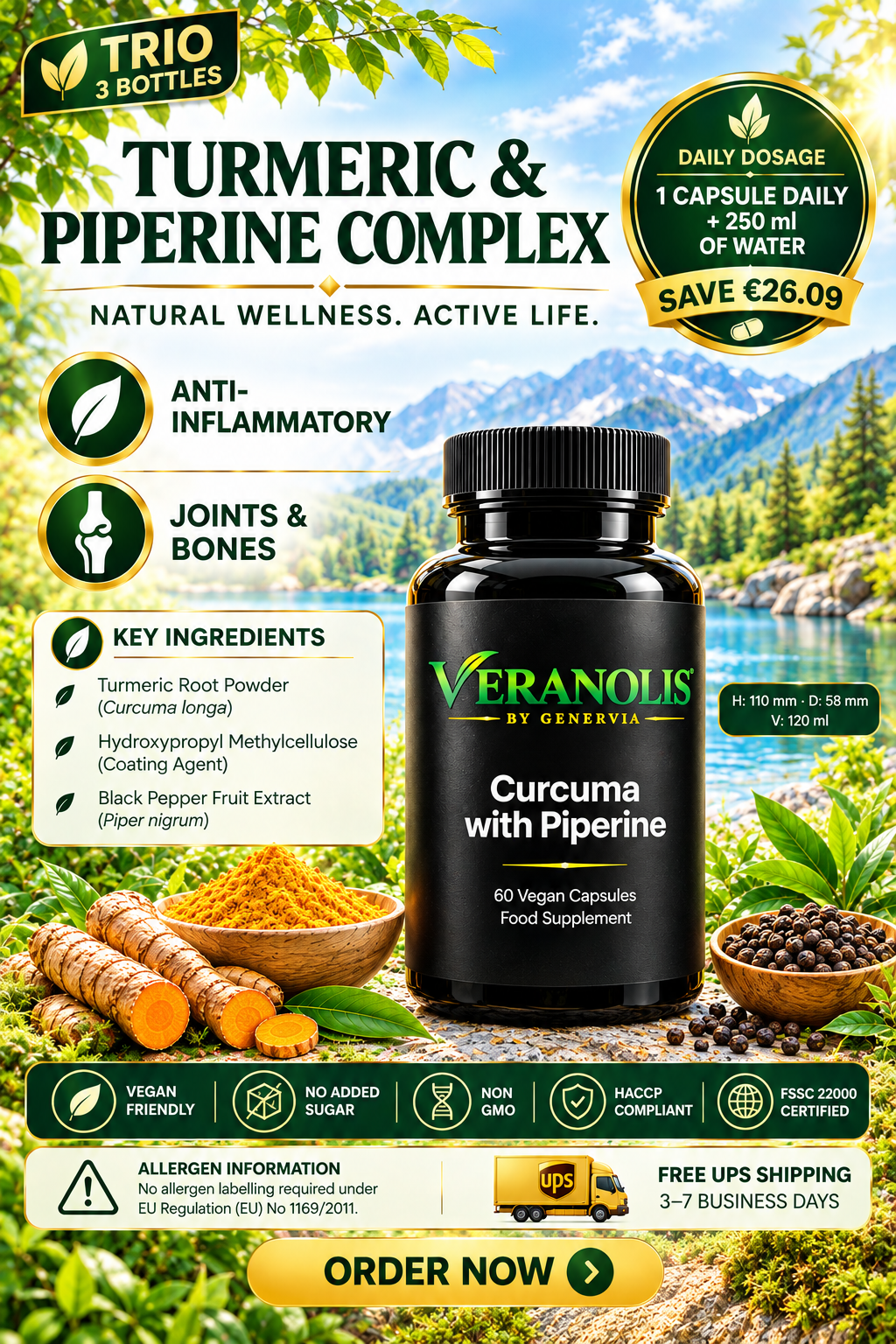 VERANOLIS Turmeric + Piperine – Daily Botanical Balance | 60 Vegan Capsules
