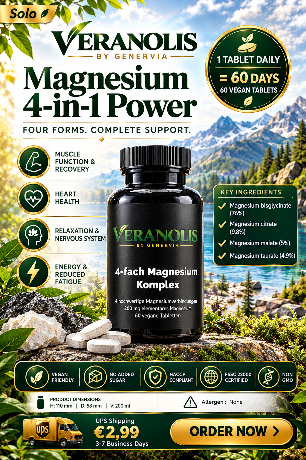 VERANOLIS Magnesio – Poder 4 en 1 | 60 Tabletas Veganas