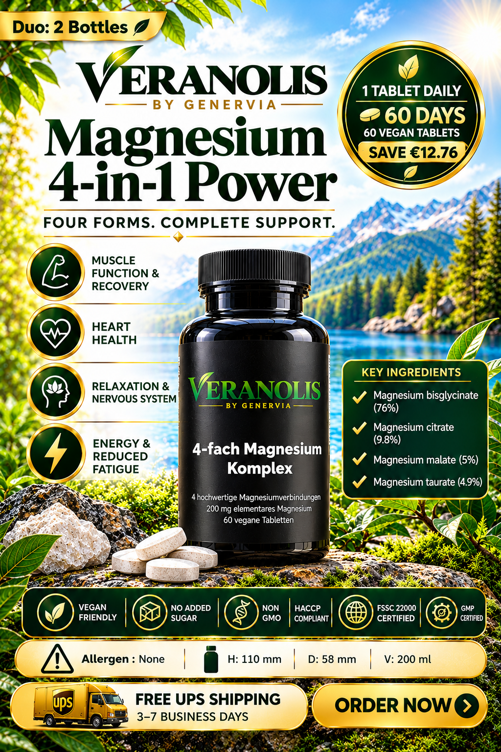 VERANOLIS Magnesium – 4-in-1 Power | 60 Vegan Tablets